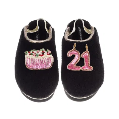 Laines London Women's Black / Gold Flatform Cloud Slippers With 21st Birthday & Cake Brooches - Black