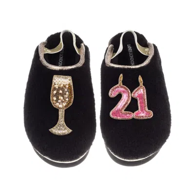 Laines London Women's Black / Gold Flatform Cloud Slippers With 21st Birthday & Champagne Glass Brooches - Black