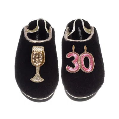 Laines London Women's Black / Gold Flatform Cloud Slippers With 30th Birthday & Champagne Glass Brooches - Black In Multi