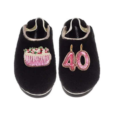 Laines London Women's Black / Gold Flatform Cloud Slippers With 40th Birthday & Cake Brooches - Black