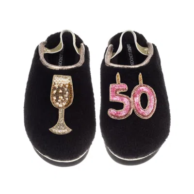 Laines London Women's Black / Gold Flatform Cloud Slippers With 50th Birthday & Champagne Glass Brooches - Black