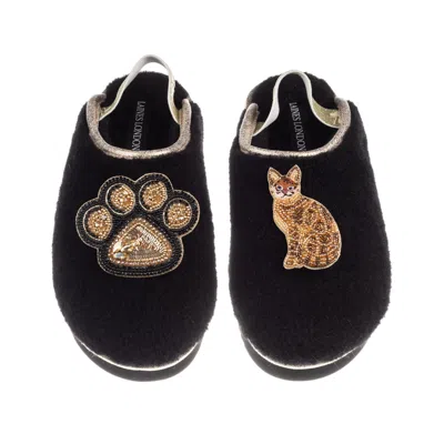 Laines London Women's Black / Gold Flatform Cloud Slippers With Bengal Cat & Paw Brooches - Black In Multi