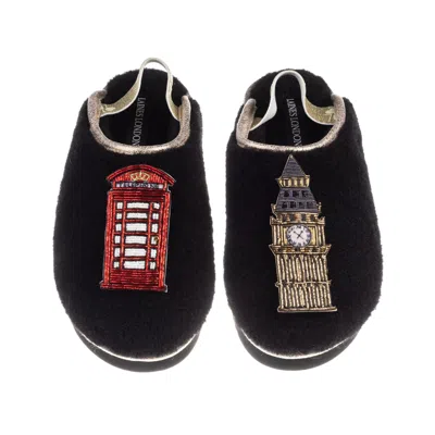 Laines London Women's Black / Gold Flatform Cloud Slippers With Big Ben & British Phone Box Brooches - Black
