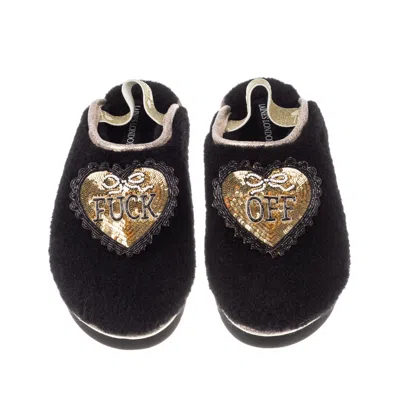 Laines London Women's Black / Gold Flatform Cloud Slippers With Black & Gold Fuck Off Brooches - Black