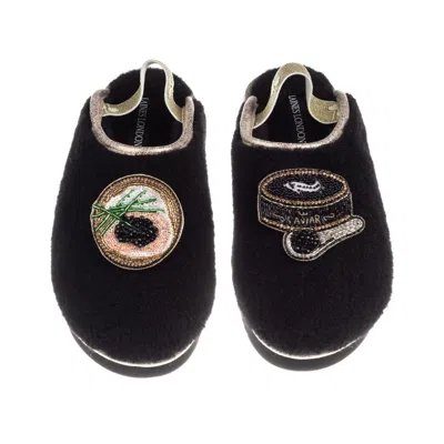 Laines London Women's Black / Gold Flatform Cloud Slippers With Caviar & Blini Brooches - Black In Multi