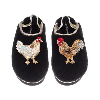 Laines London Women's Black / Gold Flatform Cloud Slippers With Chicken & Rooster Brooches - Black In Multi