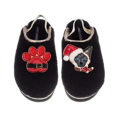 Laines London Women's Black / Gold Flatform Cloud Slippers With Christmas Black & White Siamese Cat & Paw Brooches In Multi
