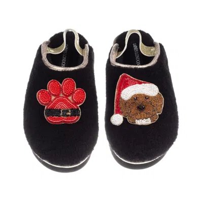 Laines London Women's Black / Gold Flatform Cloud Slippers With Christmas Brown Cockapoo & Paw Brooches - Black