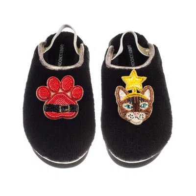 Laines London Women's Black / Gold Flatform Cloud Slippers With Christmas Brown/orange Tabby Cat & Paw Brooches - 