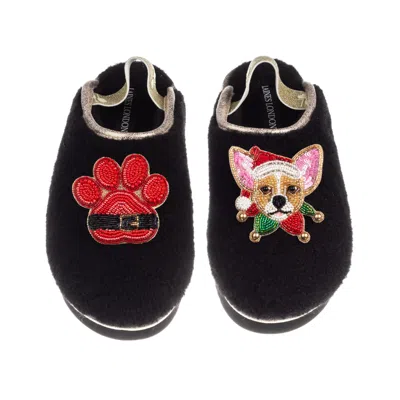 Laines London Women's Black / Gold Flatform Cloud Slippers With Christmas Chihuahua & Paw Brooches - Black In Blue