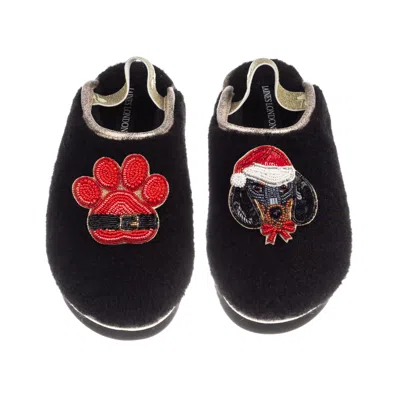 Laines London Women's Black / Gold Flatform Cloud Slippers With Christmas Dachshund & Paw Brooches - Black