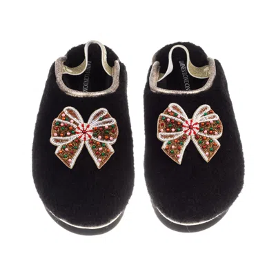 Laines London Women's Black / Gold Flatform Cloud Slippers With Christmas Gingerbread Bows Brooches - Black