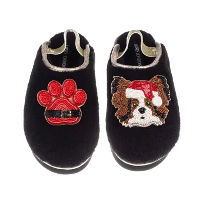 Laines London Women's Black / Gold Flatform Cloud Slippers With Christmas Papillon & Paw Brooches - Black