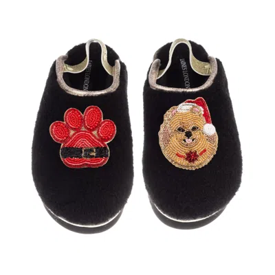 Laines London Women's Black / Gold Flatform Cloud Slippers With Christmas Pomeranian & Paw Brooches - Black In Multi