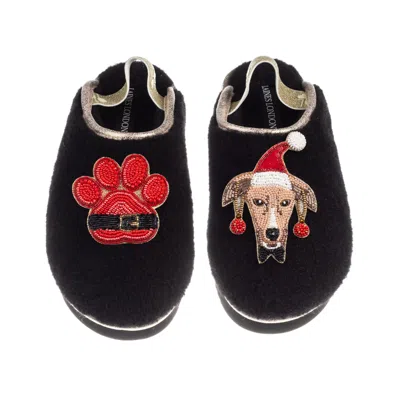 Laines London Women's Black / Gold Flatform Cloud Slippers With Christmas White Greyhound & Paw Brooches - Black