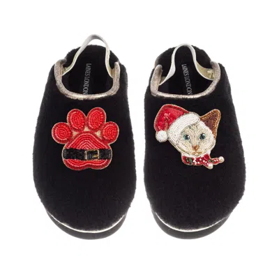 Laines London Women's Black / Gold Flatform Cloud Slippers With Christmas White Siamese Cat & Paw Brooches - Black In Multi