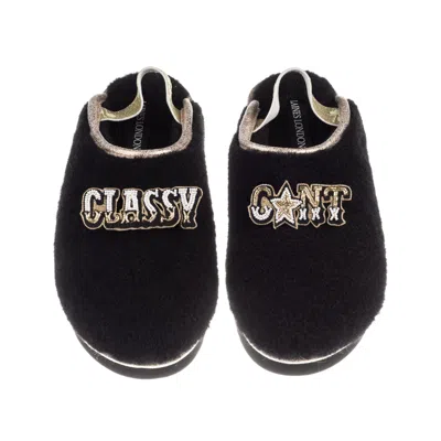 Laines London Women's Black / Gold Flatform Cloud Slippers With Classy Cunt Brooches - Black In Animal Print