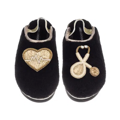 Laines London Women's Black / Gold Flatform Cloud Slippers With Doctor Brooches - Black