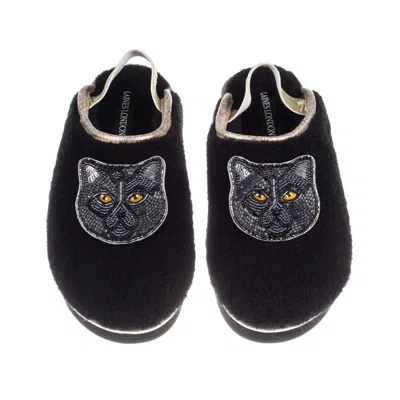 Laines London Women's Black / Gold Flatform Cloud Slippers With Double Black British Shorthair Cat Brooches - Blac