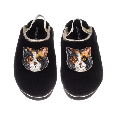 Laines London Women's Black / Gold Flatform Cloud Slippers With Double Calico British Shorthair Cat Brooches - Bla In Multi