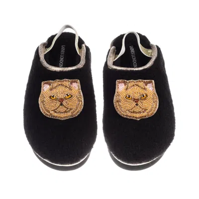 Laines London Women's Black / Gold Flatform Cloud Slippers With Double Ginger Persian Cat Brooches - Black