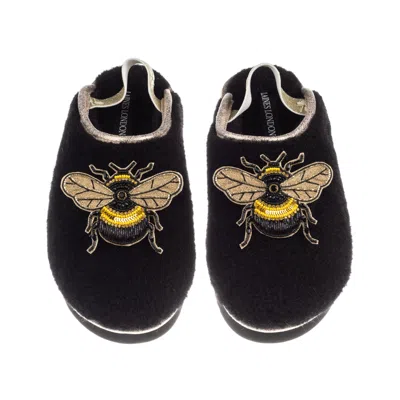 Laines London Women's Black / Gold Flatform Cloud Slippers With Double Honey Bee Brooches - Black