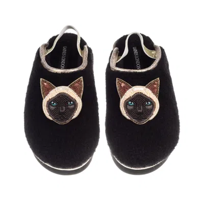 Laines London Women's Black / Gold Flatform Cloud Slippers With Double Siamese Cat Brooches - Black In Multi