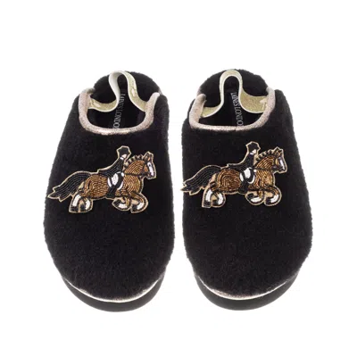 Laines London Women's Black / Gold Flatform Cloud Slippers With Dressage Horse Brooches - Black