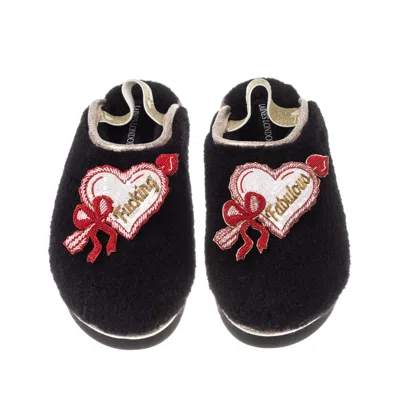 Laines London Women's Black / Gold Flatform Cloud Slippers With Fucking Fabulous Hearts Brooches - Black