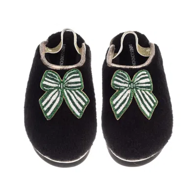 Laines London Women's Black / Gold Flatform Cloud Slippers With Green Stripe Bow Brooches - Black