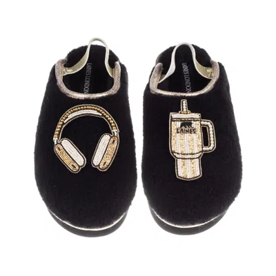 Laines London Women's Black / Gold Flatform Cloud Slippers With Headphones & Quencher Brooches - Black