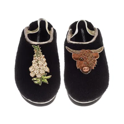 Laines London Women's Black / Gold Flatform Cloud Slippers With Highland Cow & White Foxglove Flower Brooches - Bl In Multi