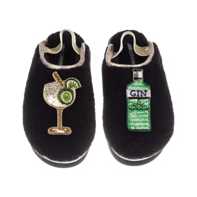 Laines London Women's Black / Gold Flatform Cloud Slippers With Original Gin & Glass Brooches - Black In Multi