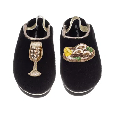Laines London Women's Black / Gold Flatform Cloud Slippers With Oysters & Glass Of Fizz Brooches - Black In Multi