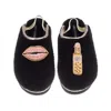 Laines London Women's Black / Gold Flatform Cloud Slippers With Pink Lips & Lipstick Brooches - Black In Multi