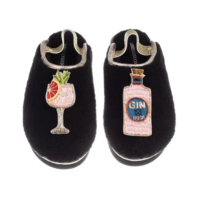Laines London Women's Black / Gold Flatform Cloud Slippers With Pink Rosa & Grapefruit Gin Brooches - Black