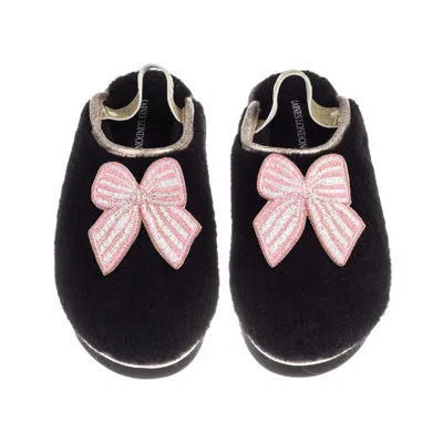 Laines London Women's Black / Gold Flatform Cloud Slippers With Pink Stripe Bow Brooches - Black