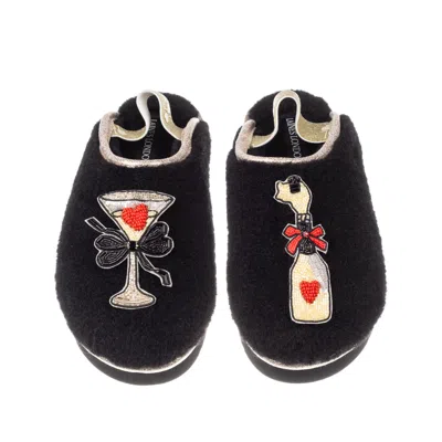 Laines London Women's Black / Gold Flatform Cloud Slippers With Popping Champagne Brooches - Black In Multi