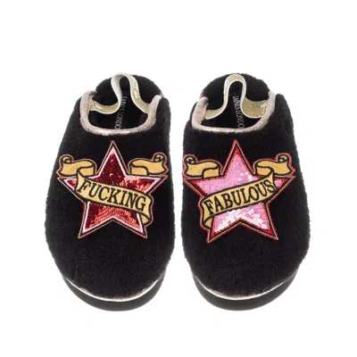 Laines London Women's Black / Gold Flatform Cloud Slippers With Red & Pink Fucking Fabulous Brooches - Black