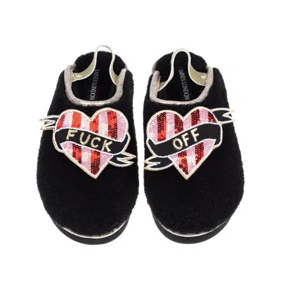 Laines London Women's Black / Gold Flatform Cloud Slippers With Red & Pink Stripe Fuck Off Heart Brooches - Black In Black/gold
