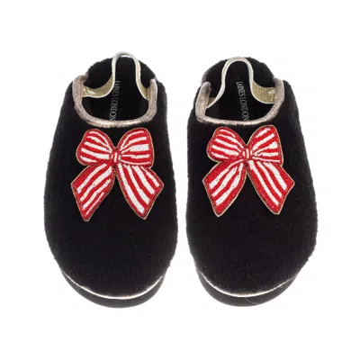 Laines London Women's Black / Gold Flatform Cloud Slippers With Red Stripe Bow Brooches - Black