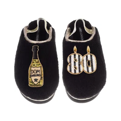Laines London Women's Black / Gold Flatform Cloud Slippers With Stripe 80th Birthday & Dom Darling Brooches - Blac