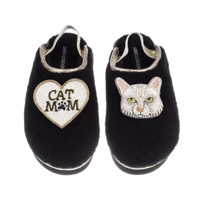 Laines London Women's Black / Gold Flatform Cloud Slippers With White Lily Cat & Cat Mum/mom Brooches - Black