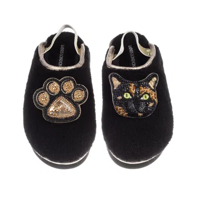 Laines London Women's Black / Gold Flatform Cloud Slippers With White Misty The Tortoiseshell Cat & Paw Brooches -