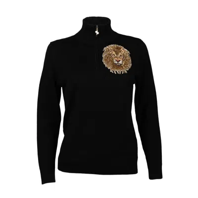 Laines London Women's Black / Gold Laines Couture Black Quarter Zip Jumper With Embellished Lion Head In Black/gold
