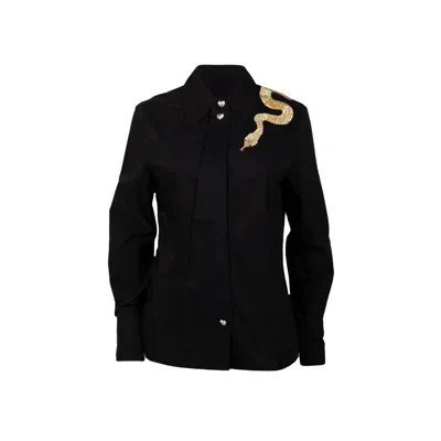 Laines London Women's Black / Gold Laines Couture Black Tie Shirt With Embellished Gold Shoulder Snake
