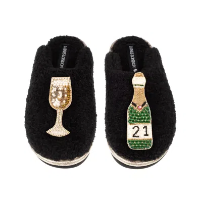 Laines London Women's Black / Gold Teddy Closed Toe Slippers With 21st Champers Bottle & Glass Brooches - Black In Multi