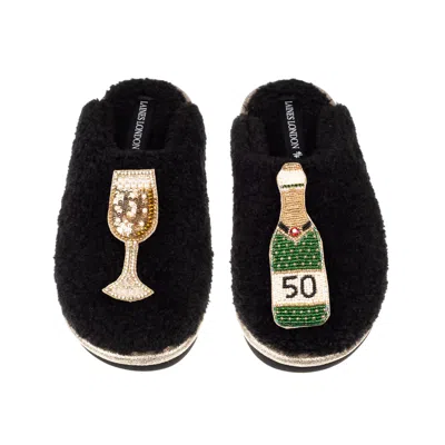 Laines London Women's Black / Gold Teddy Closed Toe Slippers With 50th Champers Bottle & Glass Brooches - Black In Multi