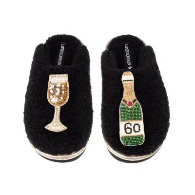 Laines London Women's Black / Gold Teddy Closed Toe Slippers With 60th Champers Bottle & Glass Brooches - Black In Multi