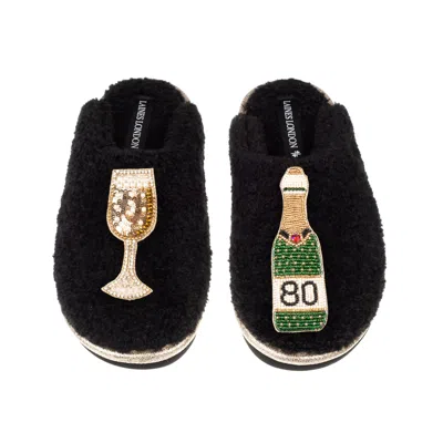 Laines London Women's Black / Gold Teddy Closed Toe Slippers With 80th Champers Bottle & Glass Brooches - Black In Multi